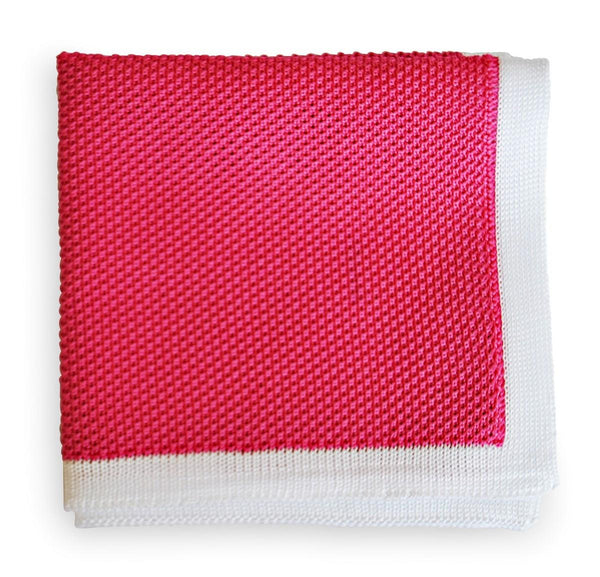 bright pink knitted pocket square with white edging