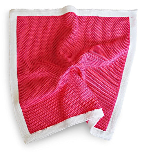 bright pink knitted pocket square with white edging
