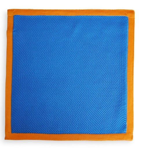 royal blue knitted pocket square with orange edging