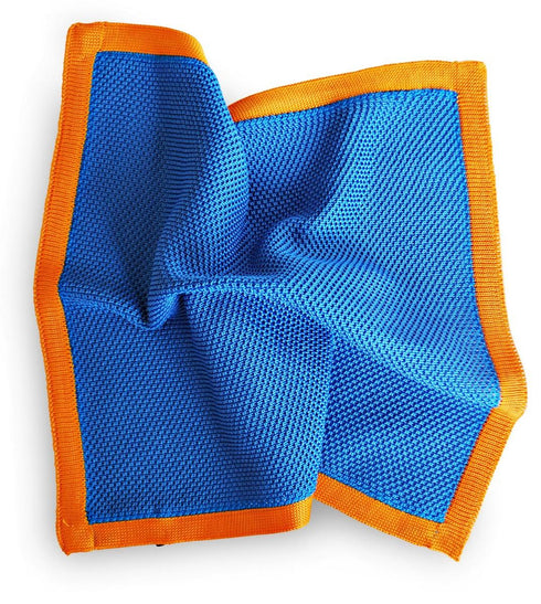 royal blue knitted pocket square with orange edging