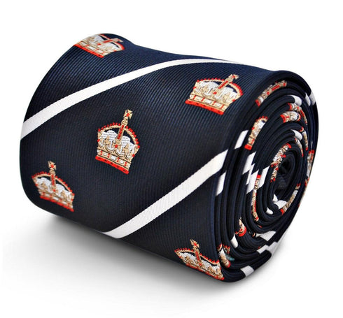 navy tie with white stripes and royal crown design