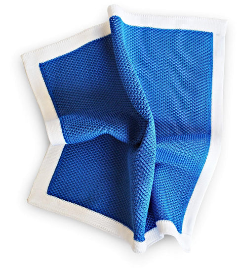 royal blue knitted pocket square with white edging
