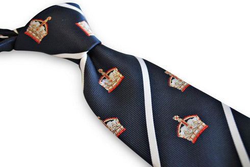 navy tie with white stripes and royal crown design