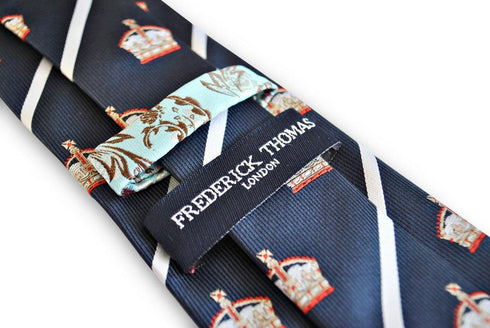 navy tie with white stripes and royal crown design