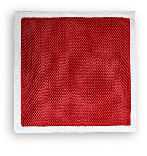 red knitted pocket square with white edging