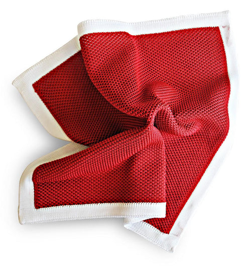 red knitted pocket square with white edging