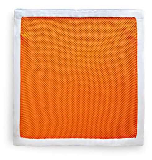orange knitted pocket square with white edging