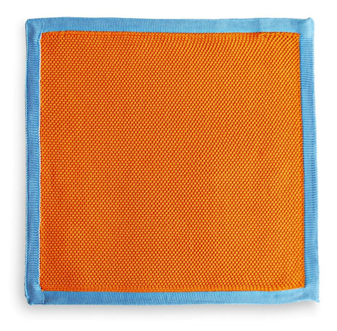 orange knitted pocket square with blue edging