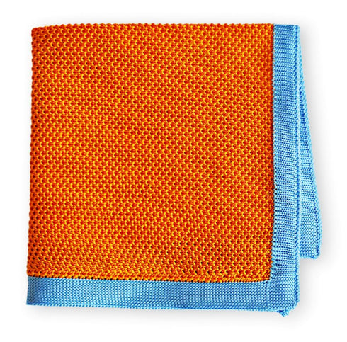 orange knitted pocket square with blue edging