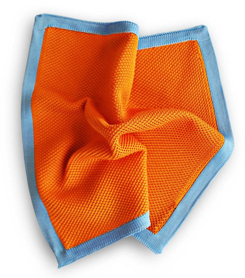 orange knitted pocket square with blue edging