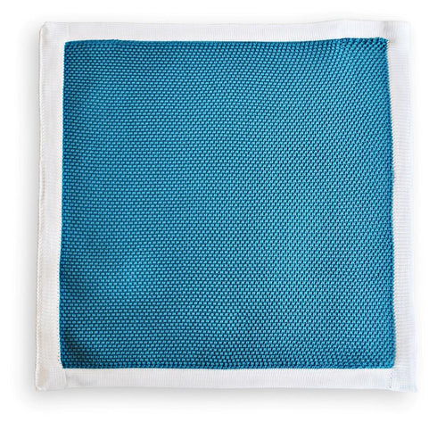 teal knitted pocket square with white edging