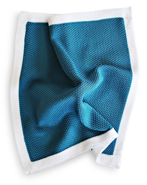 teal knitted pocket square with white edging