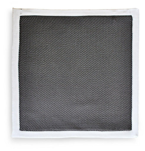 grey knitted pocket square with white edging