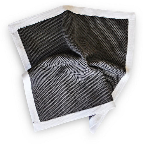 grey knitted pocket square with white edging