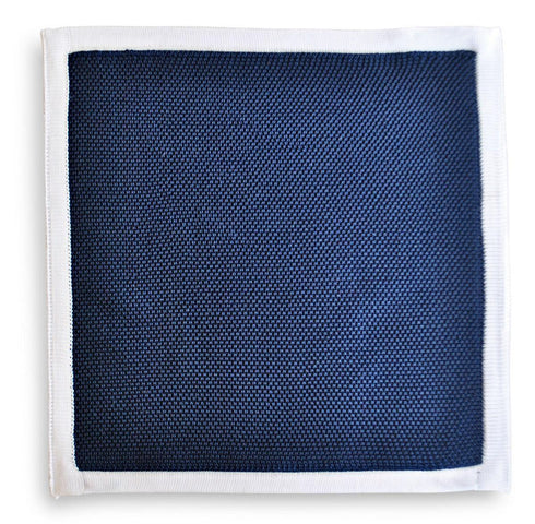 navy blue knitted pocket square with white edging