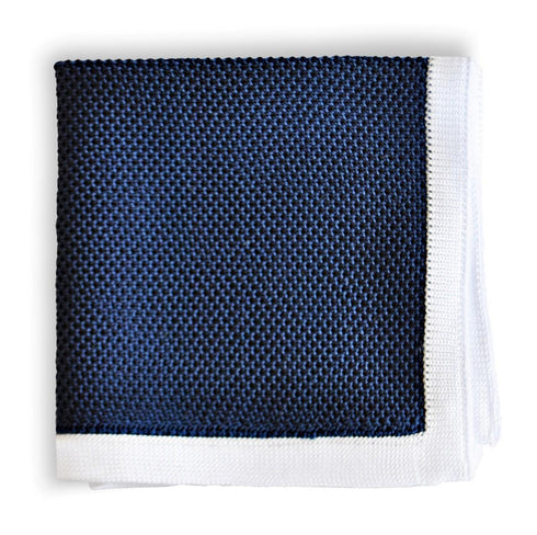 navy blue knitted pocket square with white edging
