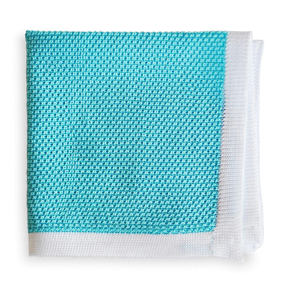 turquoise knitted pocket square with white edging