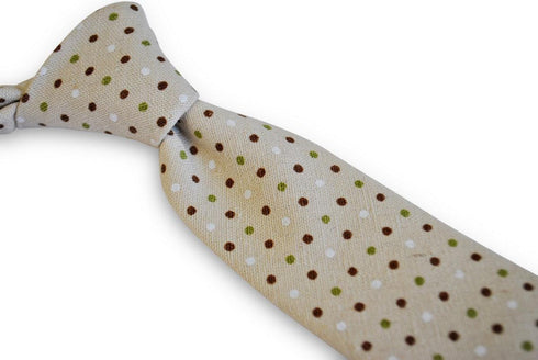 beige tie with green, brown & white spots in 100% cotton