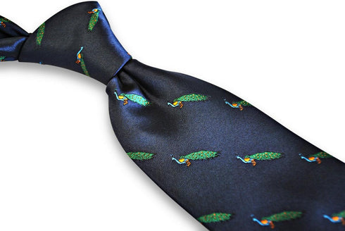 navy tie with peacock design