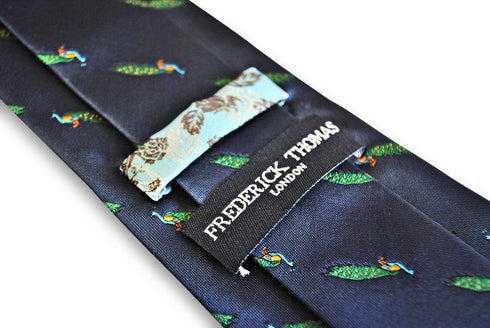 navy tie with peacock design