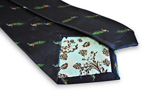 navy tie with peacock design