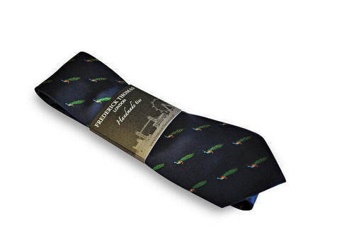navy tie with peacock design