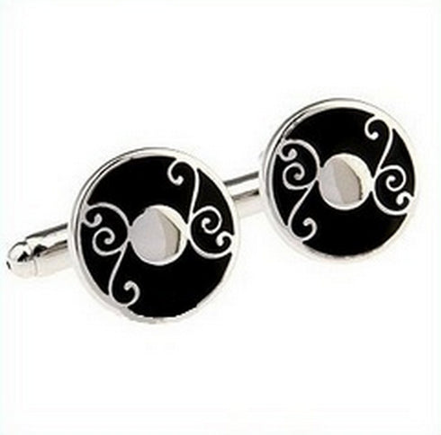 black and silver circular cufflinks