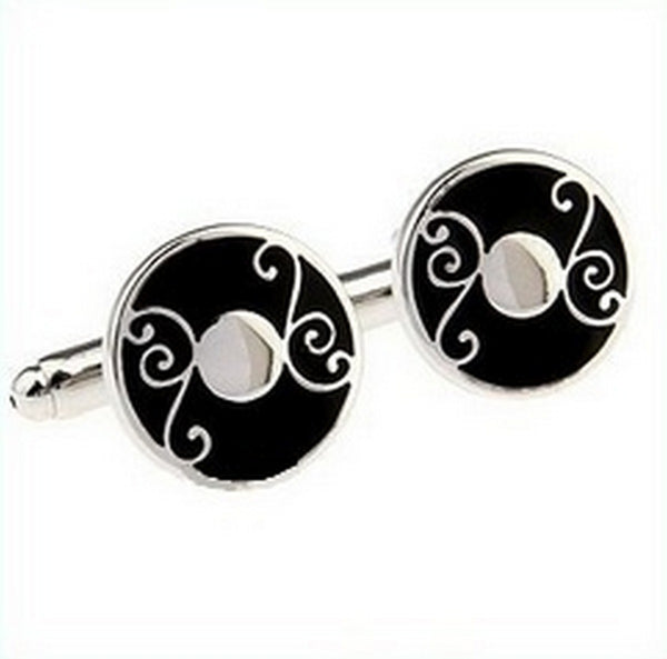 black and silver circular cufflinks