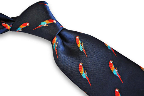 navy tie with parrot design