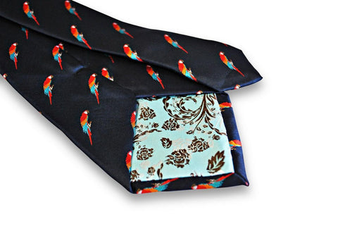 navy tie with parrot design