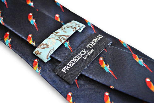 navy tie with parrot design