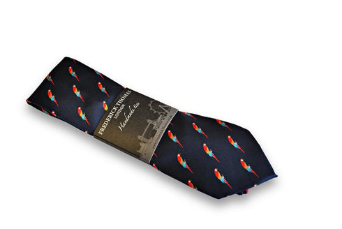 navy tie with parrot design