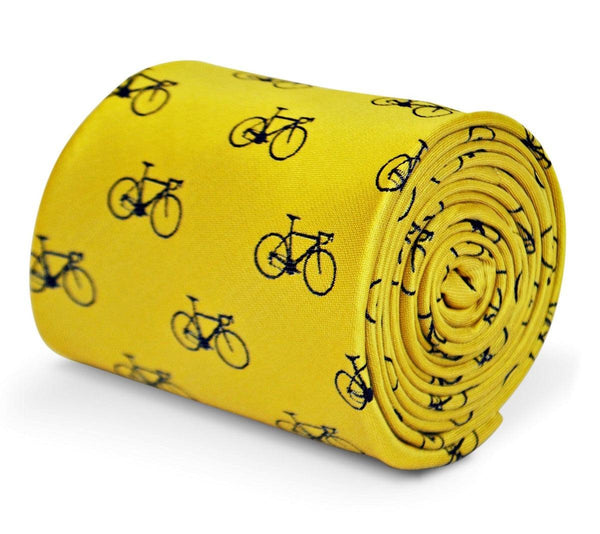 yellow tie with navy bicycle design