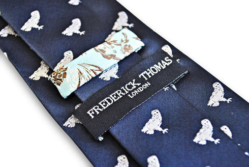 navy tie with barn owl bird design