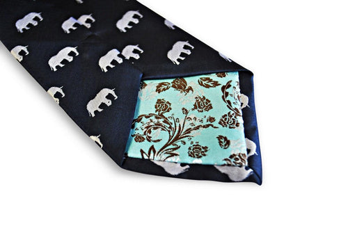 navy tie with elephant silhouette design