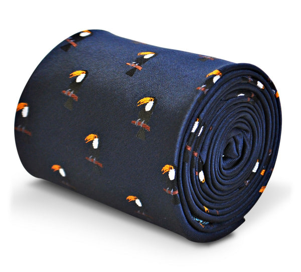 navy tie with toucan bird design
