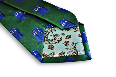 green tie with doctor who tardis phonebox design