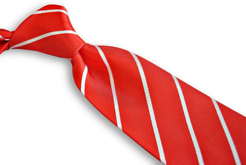 red mens tie with thin white stripes