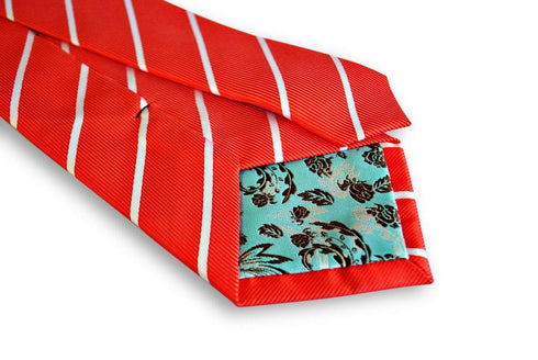 red mens tie with thin white stripes