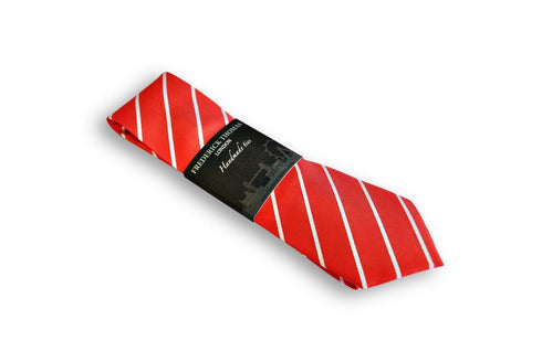 red mens tie with thin white stripes