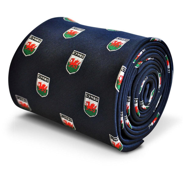 navy tie with welsh flag embroidered design