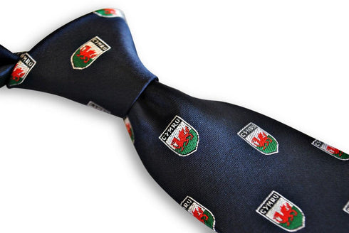 navy tie with welsh flag embroidered design