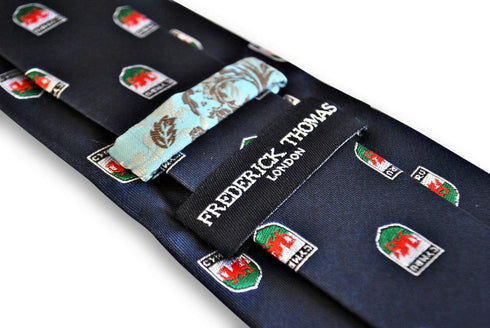 navy tie with welsh flag embroidered design