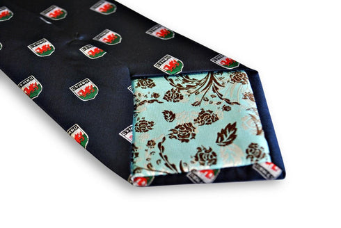 navy tie with welsh flag embroidered design