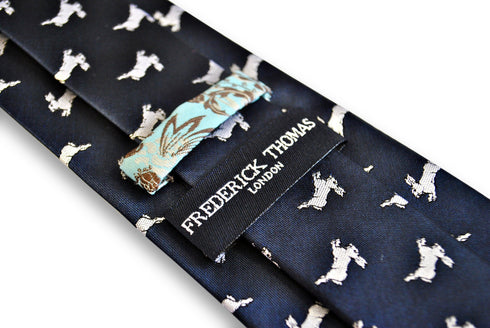 navy tie with leaping rabbit design