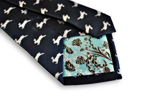 navy tie with leaping rabbit design