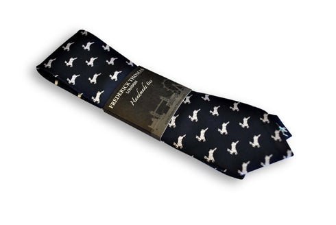 navy tie with leaping rabbit design