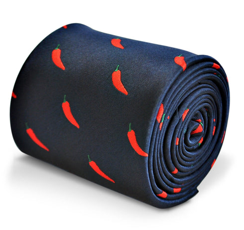 navy tie with red chilli pepper design