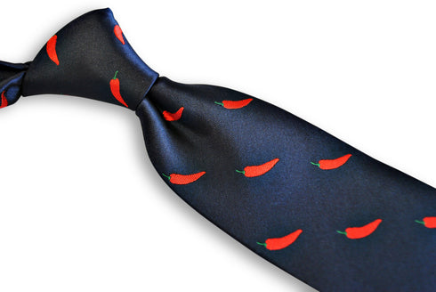 navy tie with red chilli pepper design