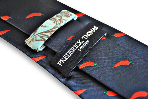 navy tie with red chilli pepper design